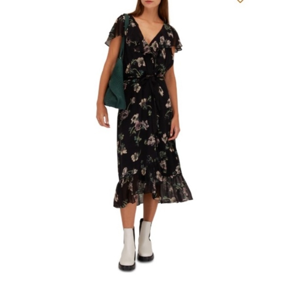 Paige Dress Palisades Faux Wrap Midi in Ruffle Black Floral